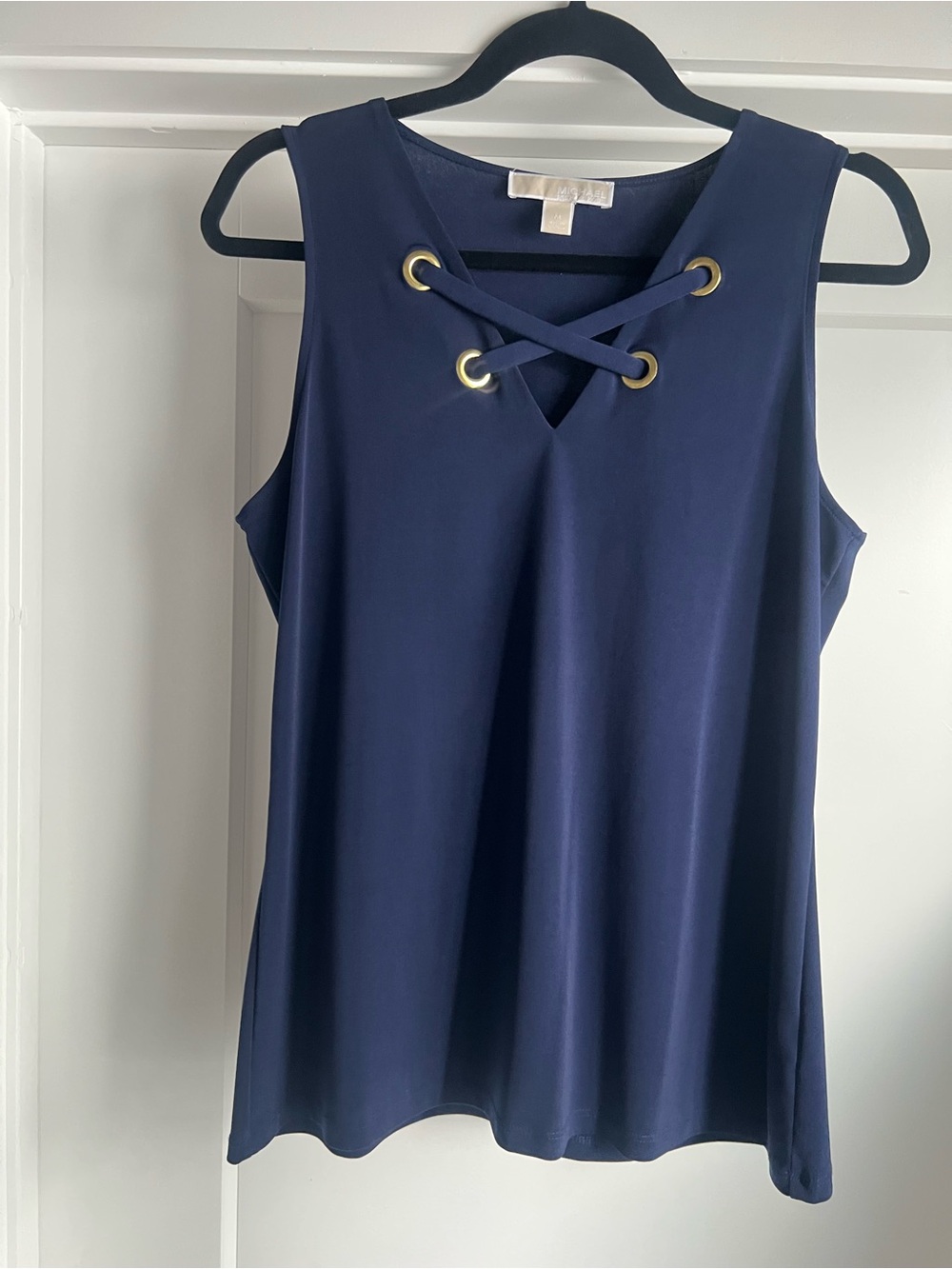 Michael Kors Navy Sleeveless V-Neck Lace-Up Top with Gold Eyelets